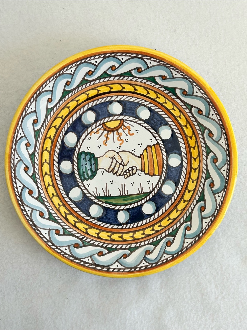 Handshake Decorative Ceramic Plate Maiolica Artist Signed Peace Friendship